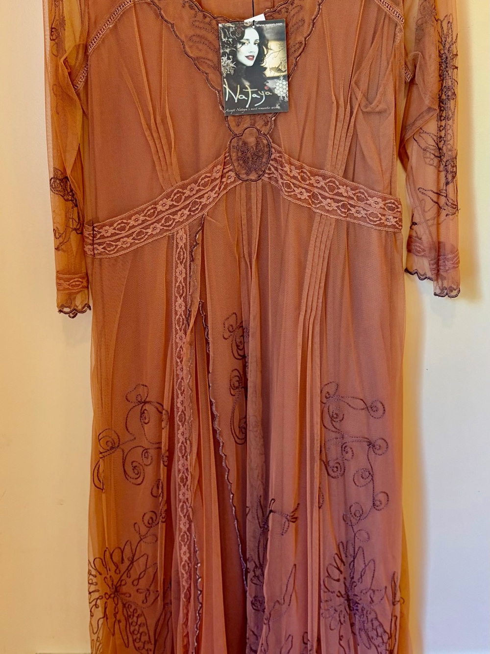 Nataya Cinnamon color Sheer Maxi Dress with Lace & Embroidery